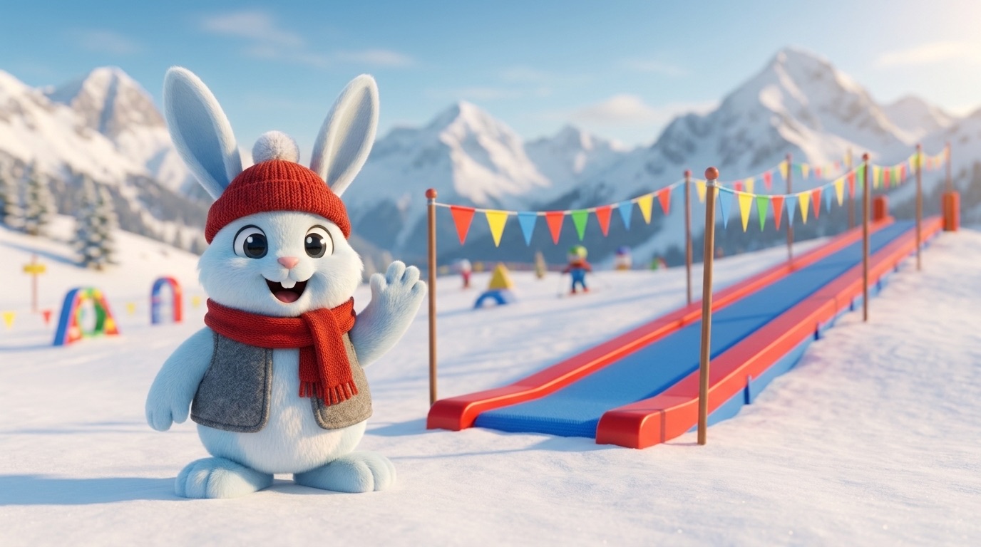 Die Figur winkt im Kinder-Skigelände vor Bergpanorama